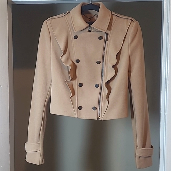 BCBGMaxAzria Jackets & Blazers - BCBGMAXAZRIA Fay Ruffled Cropped Moto Military Jacket in Sand Womens Size Small